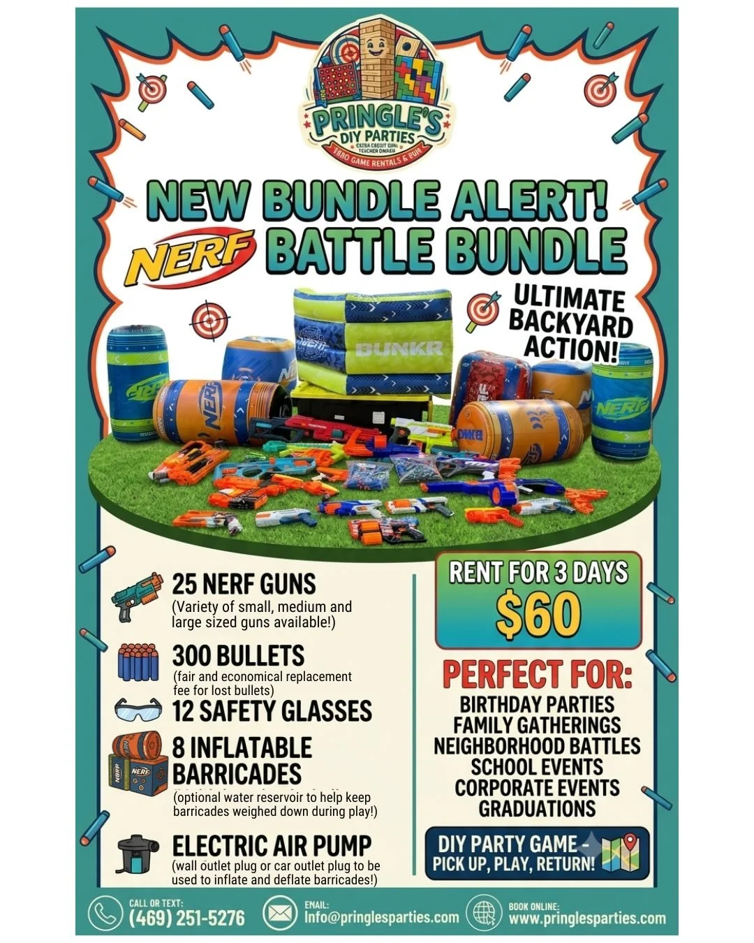 💥 NEW Nerf Battle Bundle Rental - 3-Day DIY Party Package! 💥

Ready to host the ultimate backyard battle? 🎯 Skip the expensive party venues and run the show yourself! 

*Pringle&rsquo;s DIY Parties* is excited to announce our brand new **NERF BATT