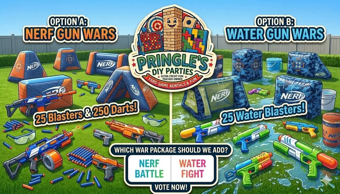 Battle of the Parties! 💥🔫 vs. 💧🔫
At Pringle&rsquo;s DIY Parties, we are always looking for new ways to make your events the talk of the town! 🥳 We are thinking about expanding our lineup and want YOUR input on what to add next.

Which of these a
