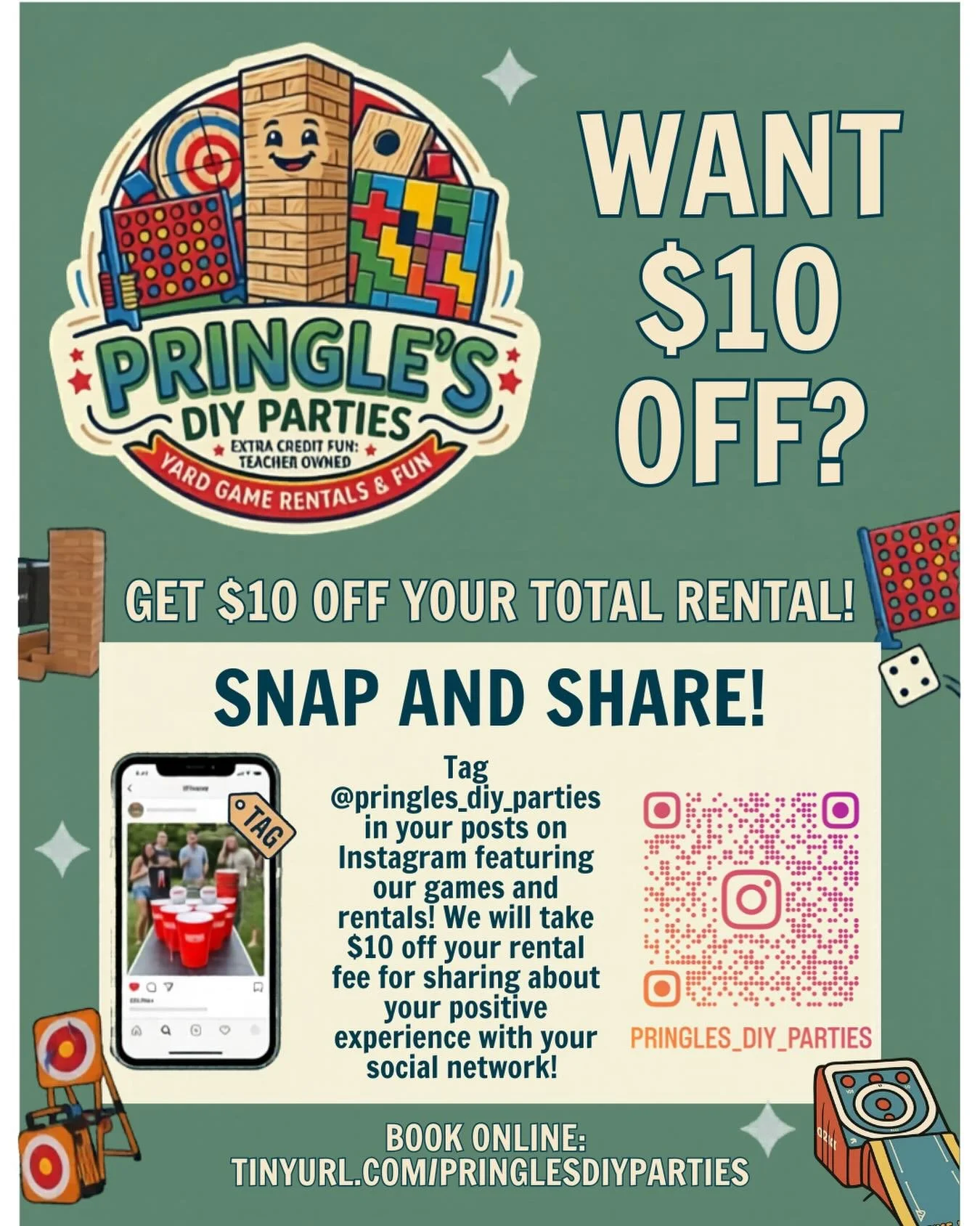 Want to save a little extra money on your game rentals? Help us get the word out about @pringles_diy_parties by sharing about your positive experience with our company by tagging us in your photos or reels using our games at your event! We will send 