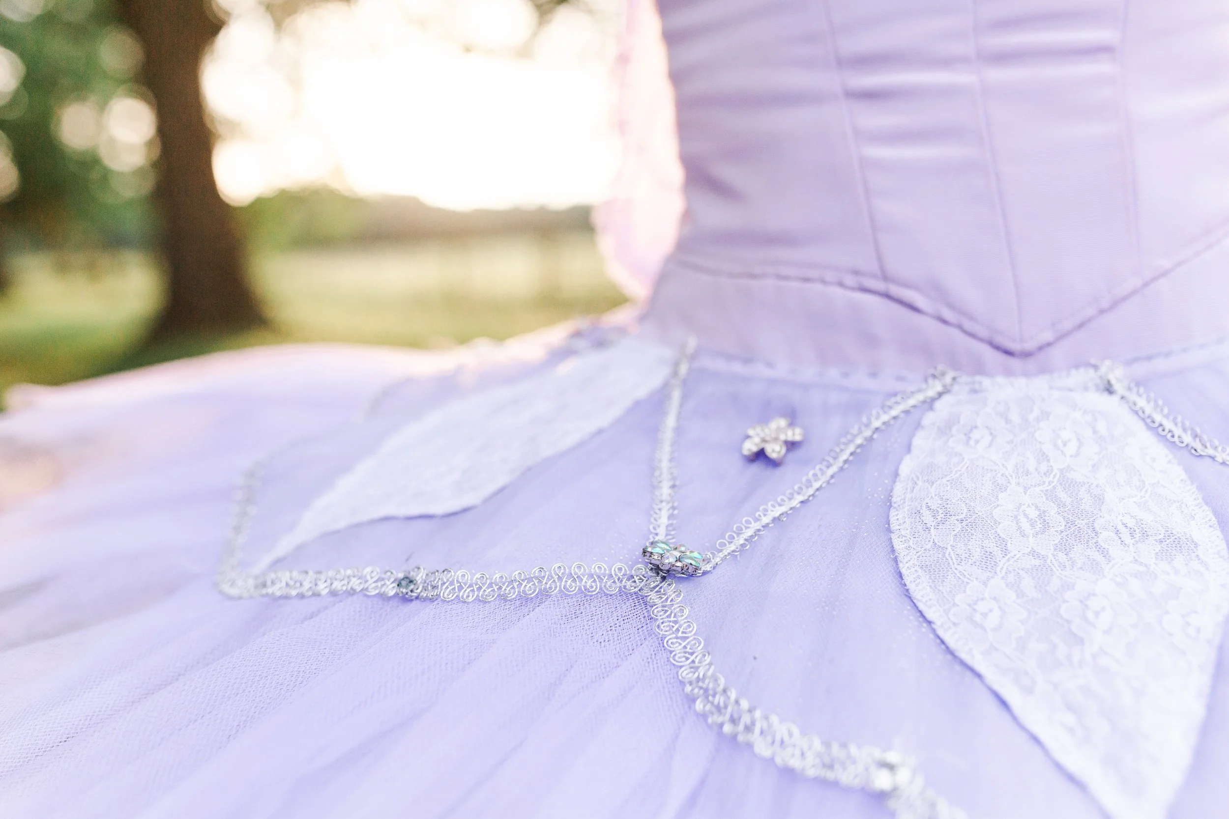 Close-up of a lavender-colored tutu with lace and sequins, adorned with a silver necklace with floral design, photographed outdoors with blurred greenery in the background.