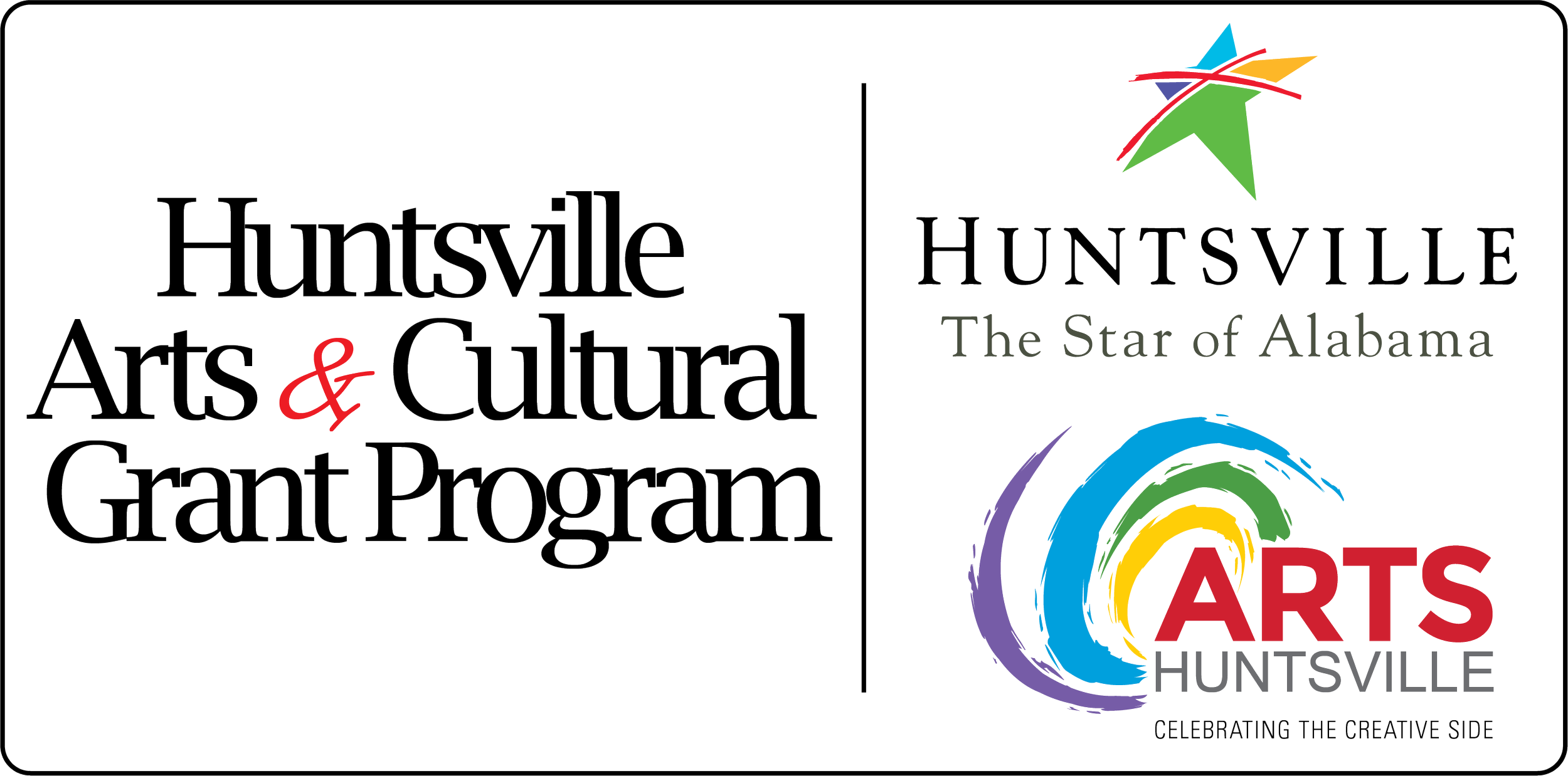 A graphic design combining text and colorful graphics promoting arts and cultural programs in Huntsville, Alabama, with the phrase "Celebrating the Creative Side".