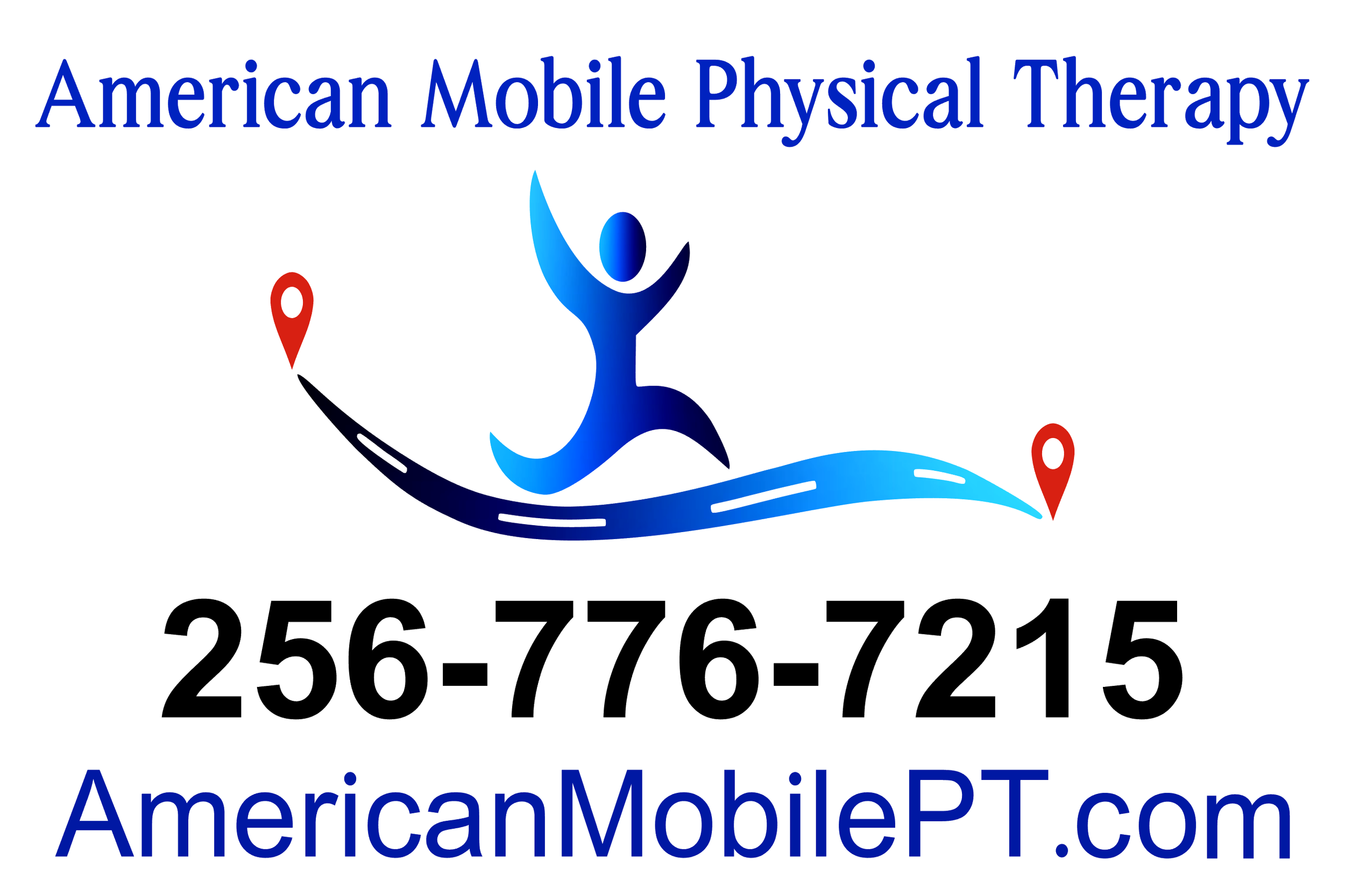 Logo for American Mobile Physical Therapy featuring a stylized person in blue with outstretched arms, a curved path with red location markers, and contact information in black text.