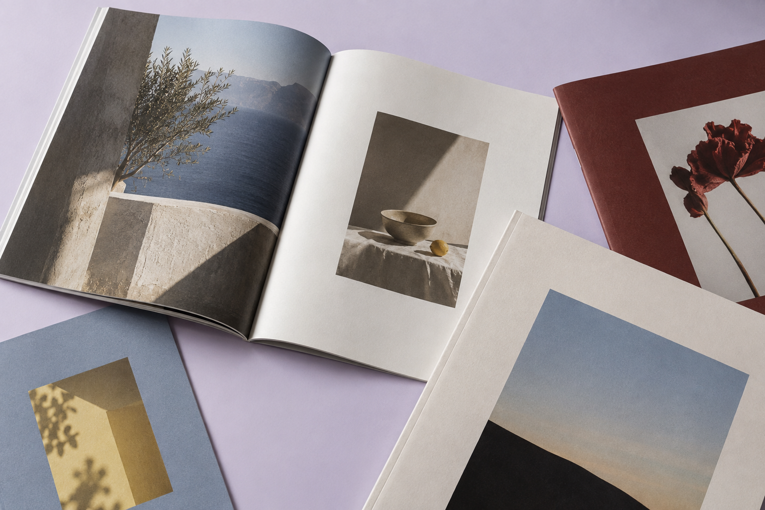 Open books and loose prints with landscape and still life photographs on a purple surface.