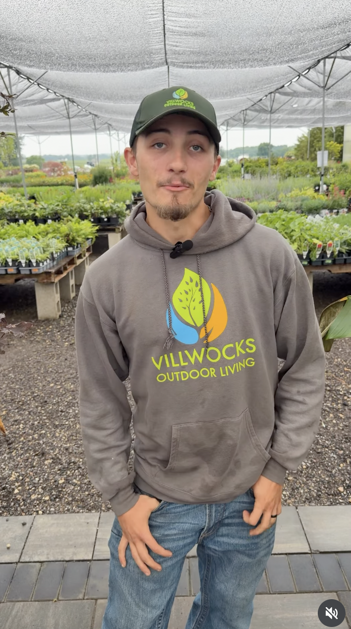 Young man wearing a gray hoodie with 'VILLWOCKS OUTDOOR LIVING' logo, standing outdoors at a garden center with plants and flowers in the background, under a shade canopy.