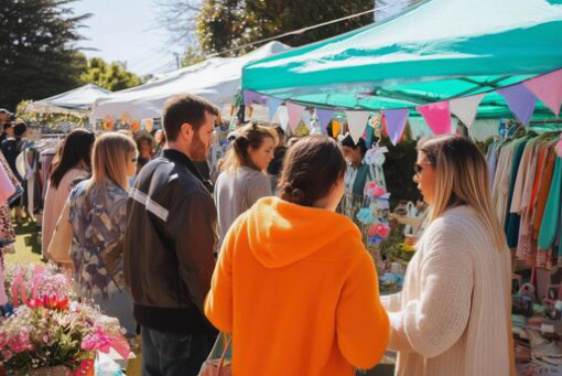 People shopping at an outdoor market with tents and colorful decorations.