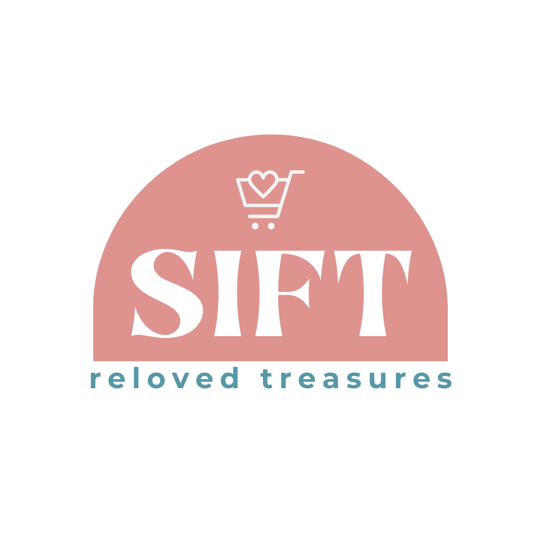 Logo for SIFT, loved treasures. Features a pink semicircle with a shopping cart and heart icon above the text, and the tagline 'loved treasures' below in blue.