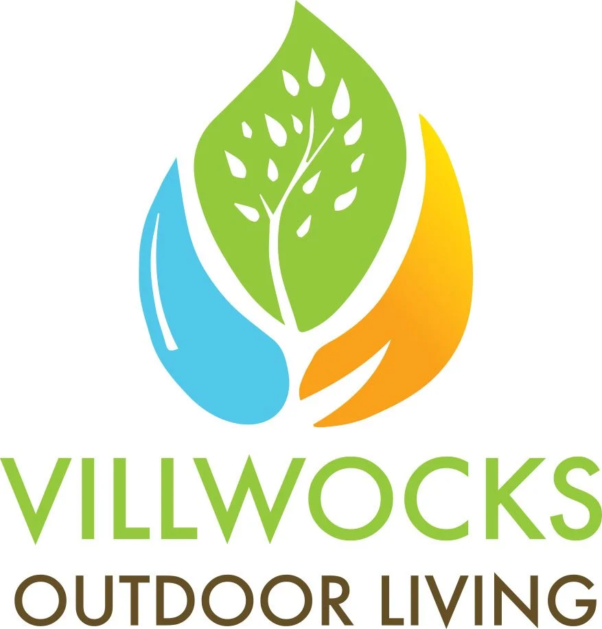 A colorful logo with a green leaf, a blue water droplet, and an orange flame, along with the text 'VILLWOCKS OUTDOOR LIVING'.