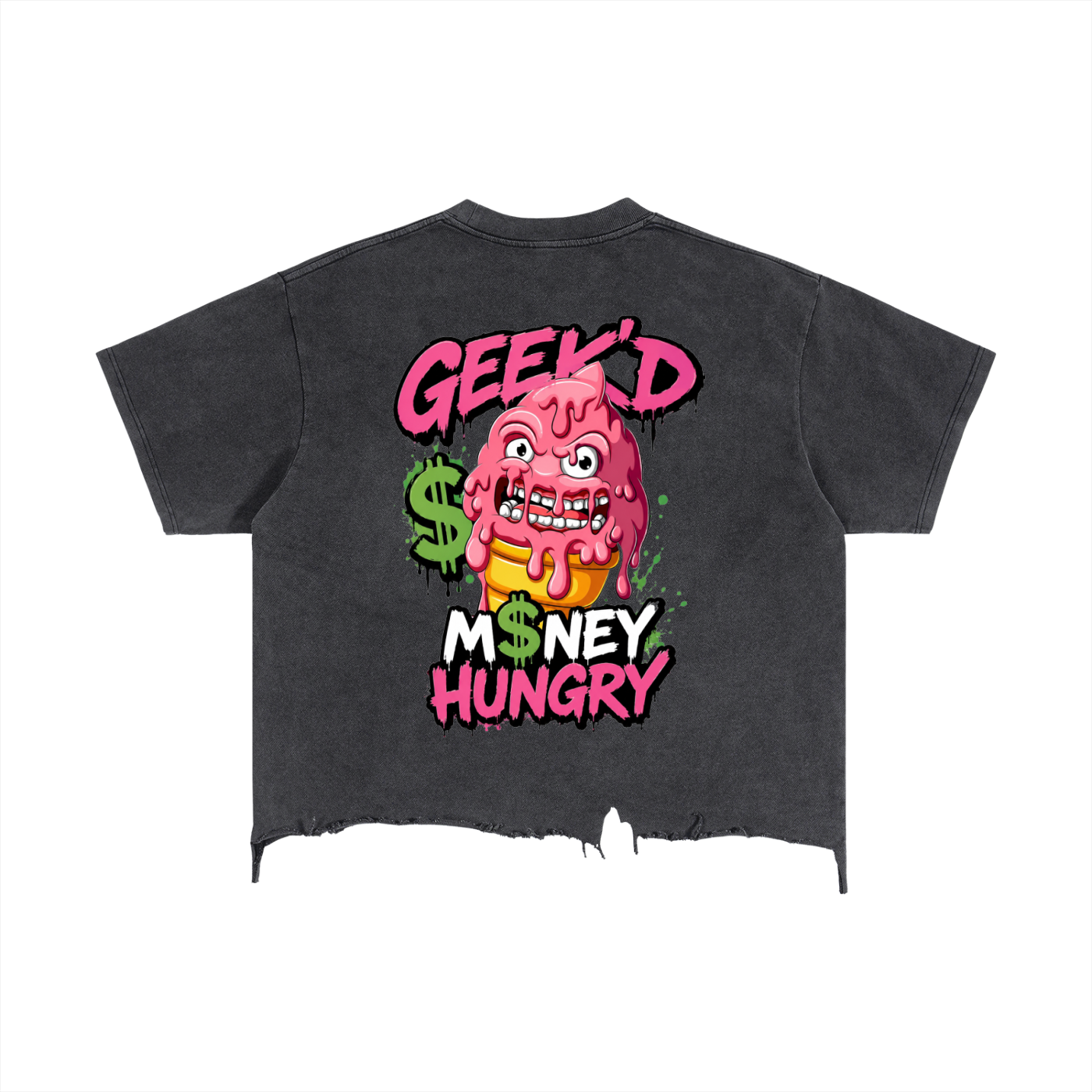 Black T-shirt with graphic print of a melting pink ice cream cone with cartoonish eyes and a mouth, surrounded by green dollar signs, and the words 'GEEK'D', 'M$NEY', and 'HUNGRY' in bold, colorful letters.