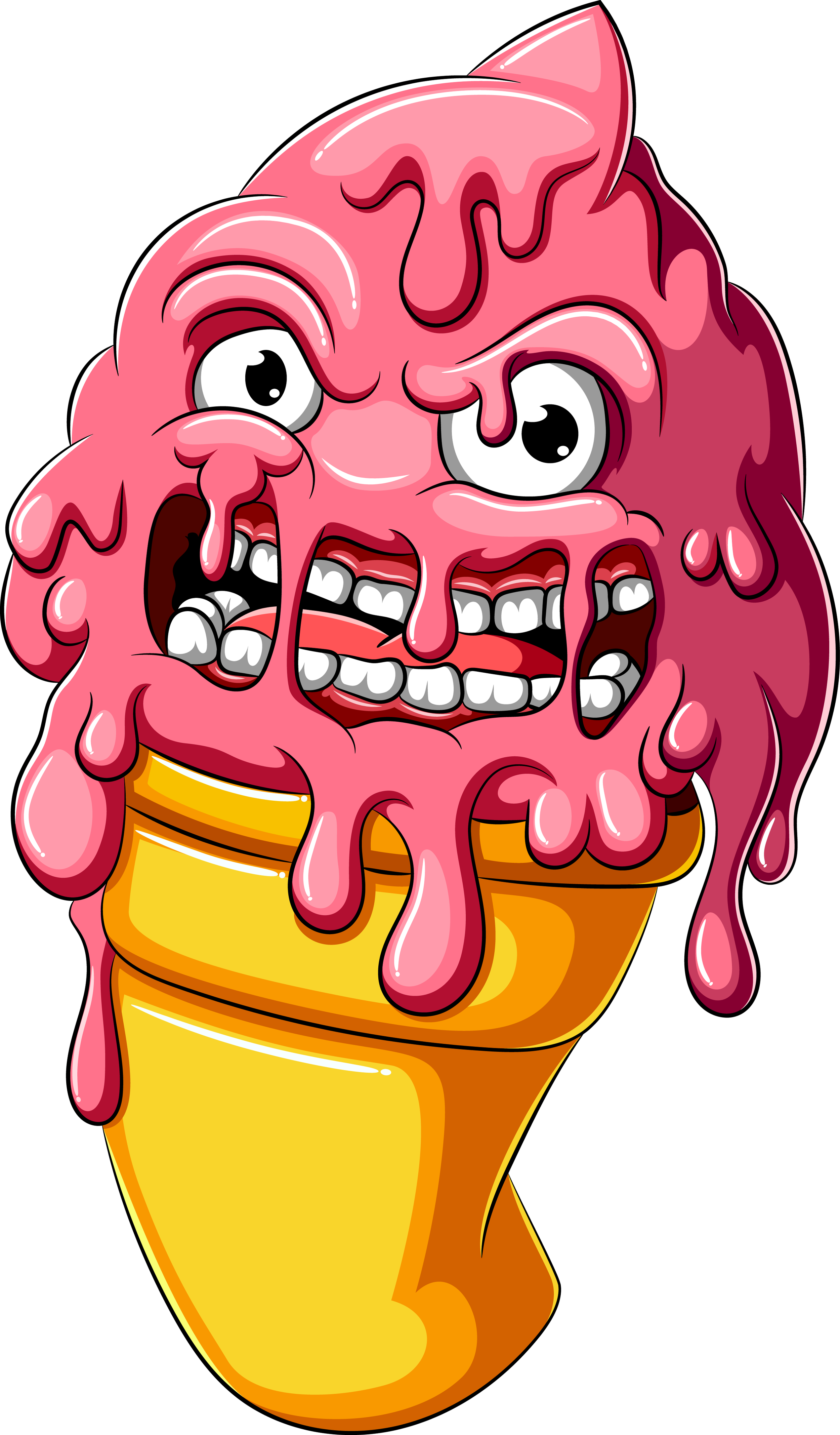 Cartoon ice cream cone with pink melting scoop that has a monster face, with big eyes, sharp teeth, and an angry expression, against a black background.