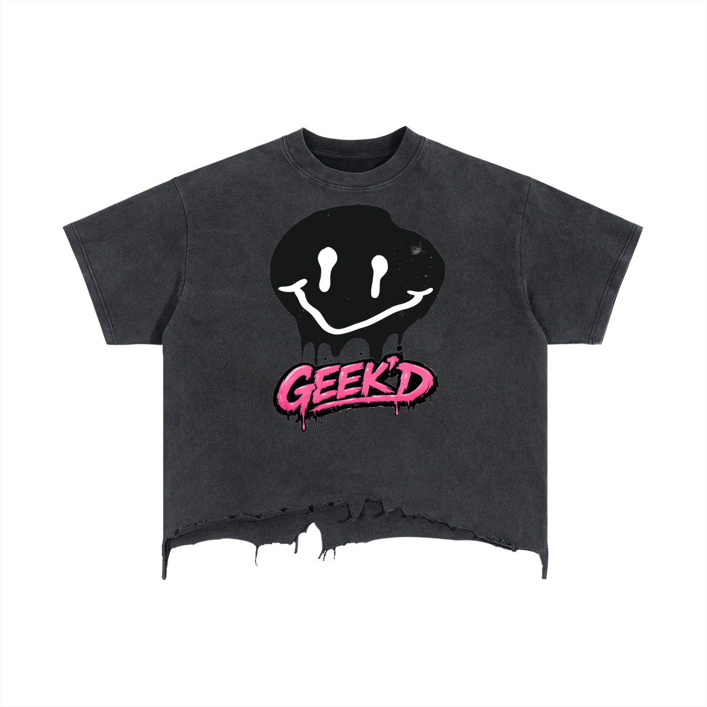 A black T-shirt with a smiley face graphic and the word 'GEEK'D' in pink graffiti style text.