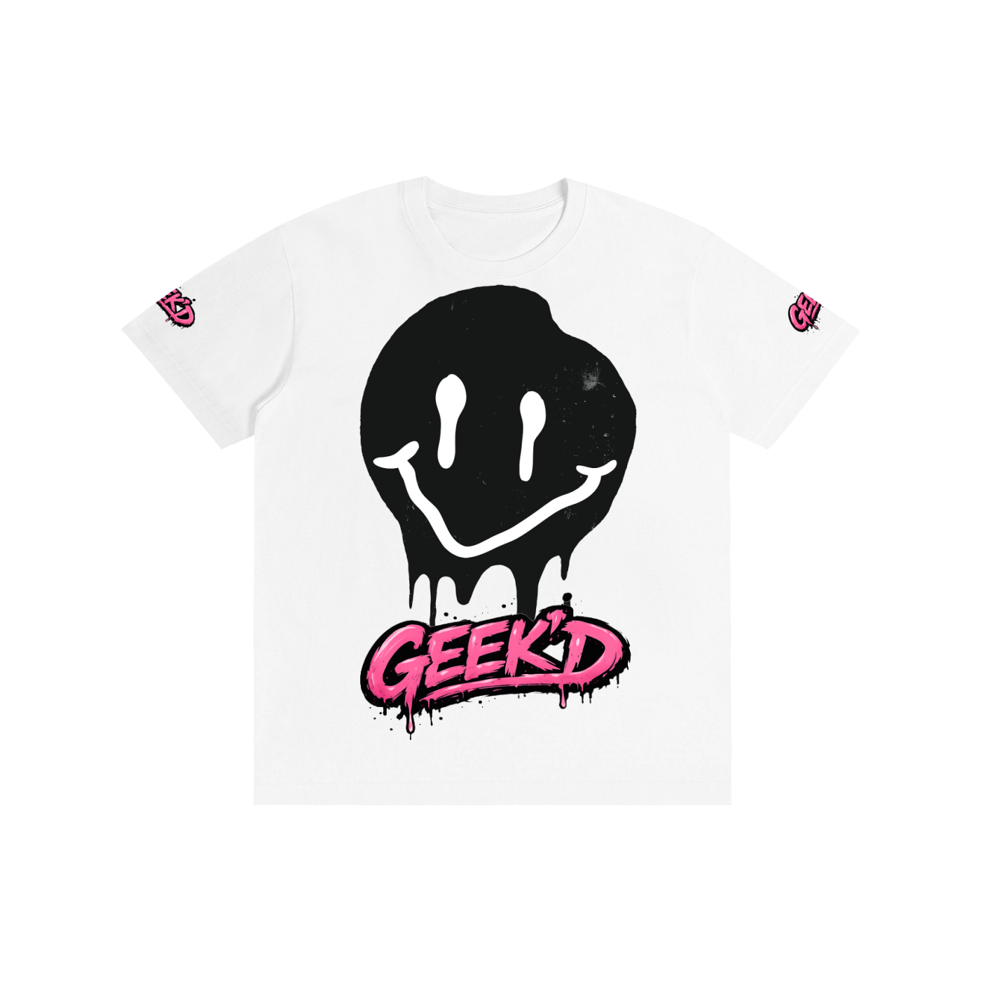 White T-shirt with a black smiley face graphic that appears to be dripping, and the word "GEEK'D" in bold pink graffiti-style font below.