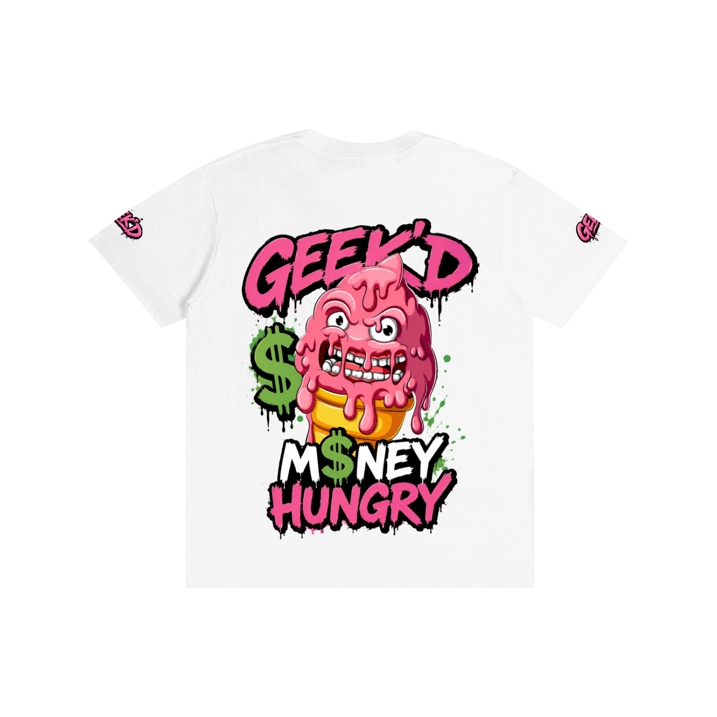 Graphic t-shirt with graffiti style design featuring a melting pink ice cream cartoon face with angry eyes and teeth, with green dollar signs and splatters, and the words 'GEEK'D', 'MONEY', and 'HUNGRY' in bold pink, black, and white letters.