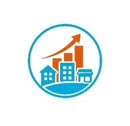A logo with a blue circle featuring a rising orange arrow above stylized blue buildings.