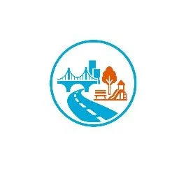Illustration of a cityscape with a bridge, buildings, a river, trees, and a park within a circular border.