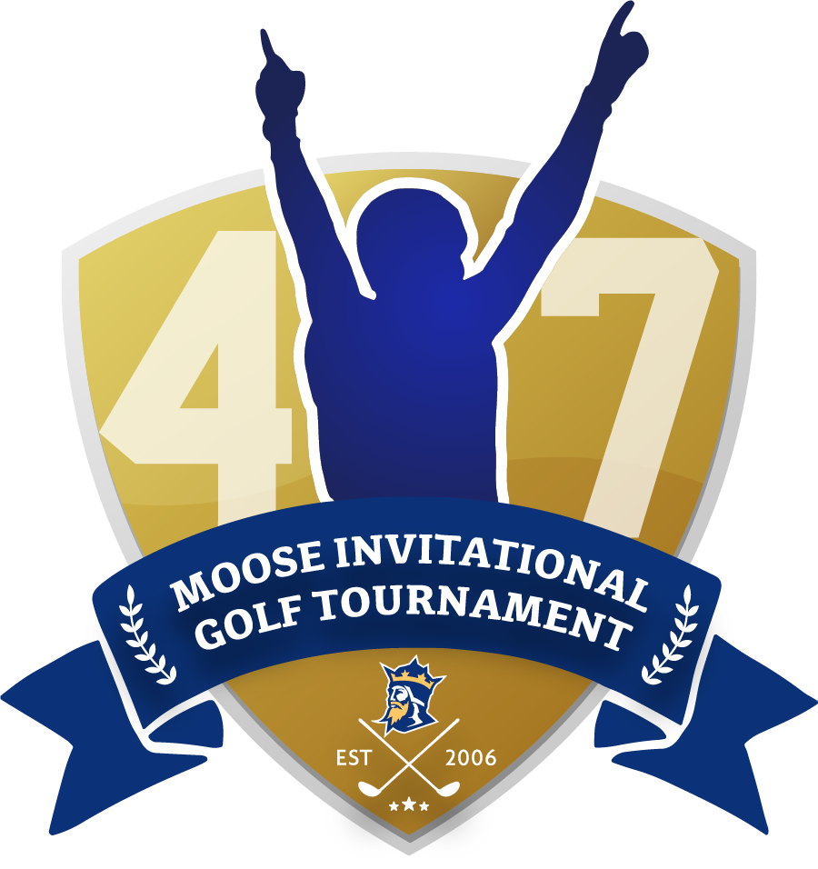 Logo for the Moose Invitational Golf Tournament, established 2006, featuring a shield with a crowned lion wearing a golf cap, two crossed golf clubs, the date EST 2006, and a silhouette of a person celebrating with arms raised.