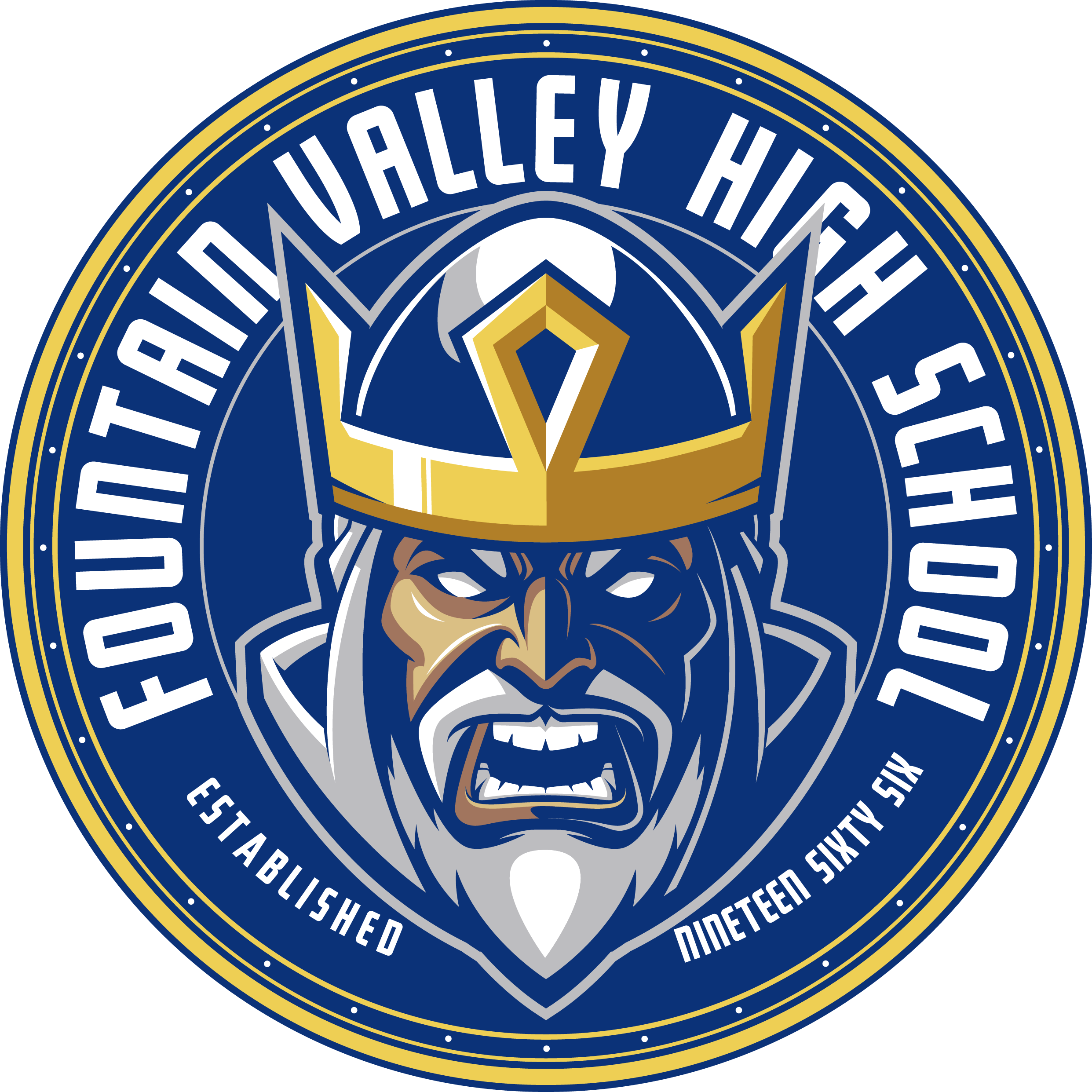 A circular emblem with a navy blue background, gold and white accents, featuring a wolf's head at the center. The text encircling the wolf reads 'Valley High School' at the top and 'Established 1967' at the bottom.