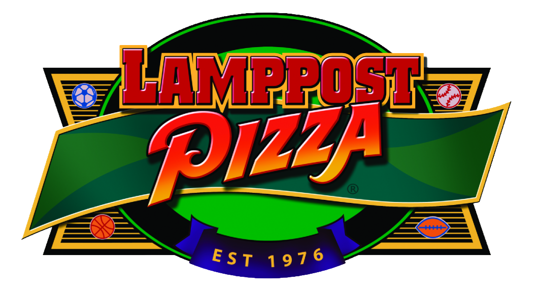 Logo for Lamppost Pizza, established in 1976, featuring a green and red color scheme with various sports icons around.