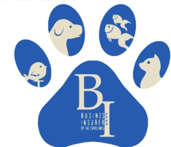 A blue paw print with the letter 'B' and “I” and the words 'Business Insurers of the Carolinas' inside, and various cartoon dog and bird faces within the paw print.