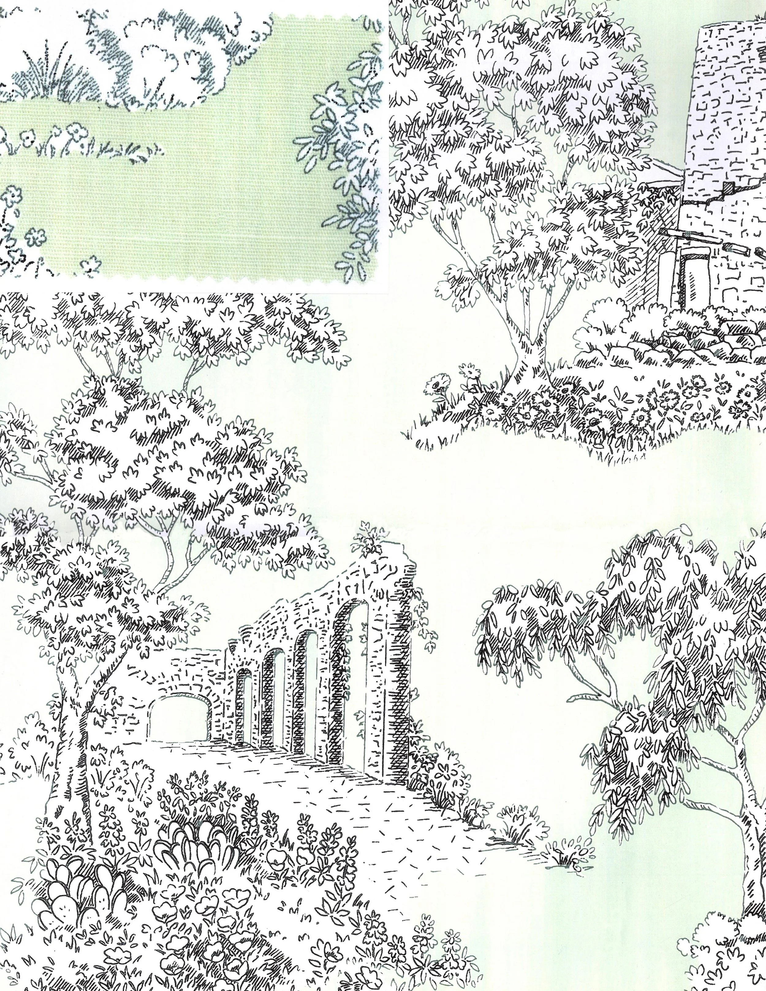 Hinson & Co/"Johnson Toile" Design Created & Illustrated by Barbara Teague from vignettes of Lady Bird Johnson's Wildflower Center & the LBJ Ranch in Texas/Printed Fabric & Wallpaper