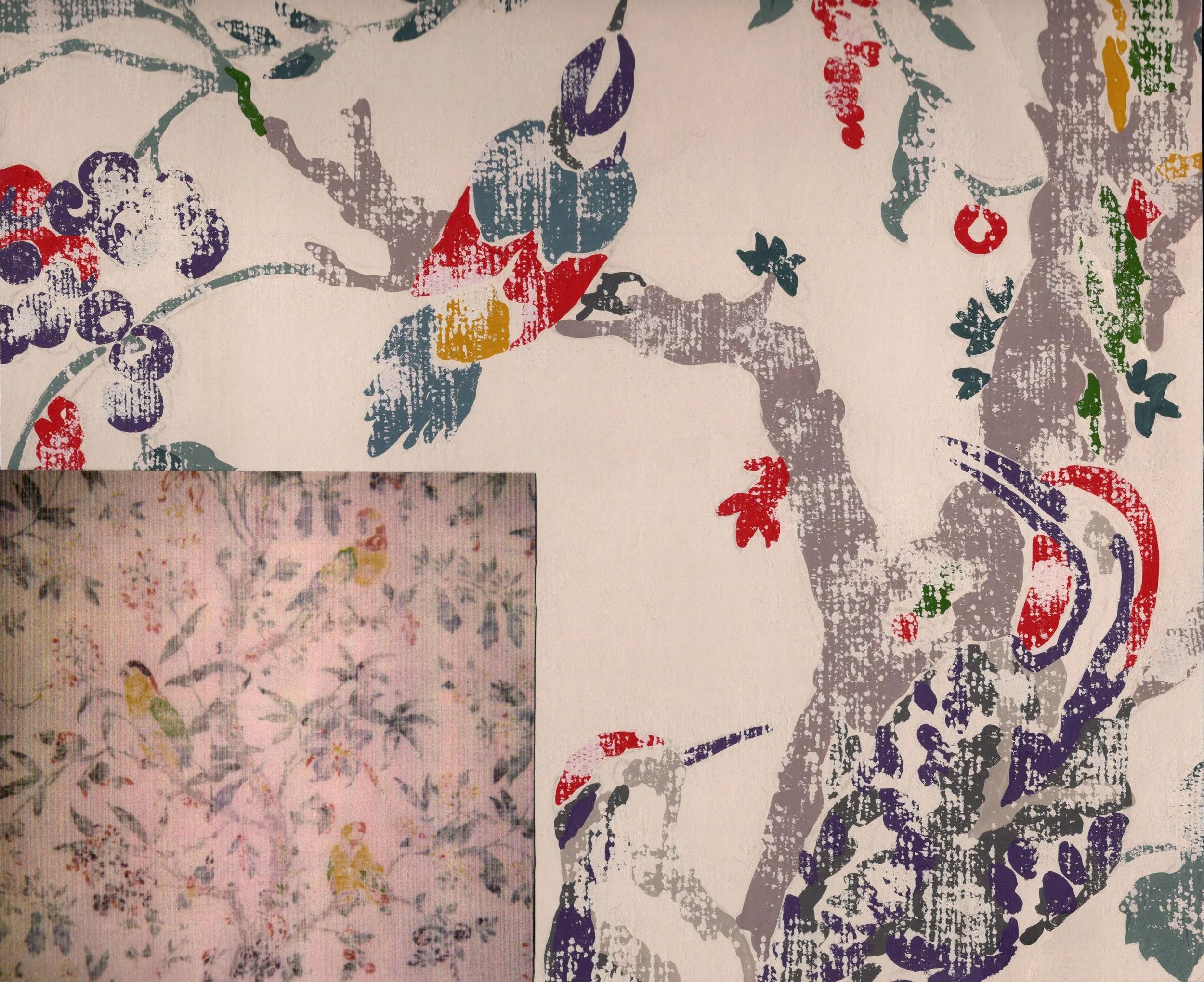 Decorators' Walk/Textured Birds in Tree/Painted Sample/Printed Fabric