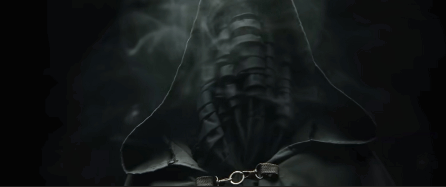 Un animal non identifié en noir, avec un collier, dans un environnement sombre et mystérieux.