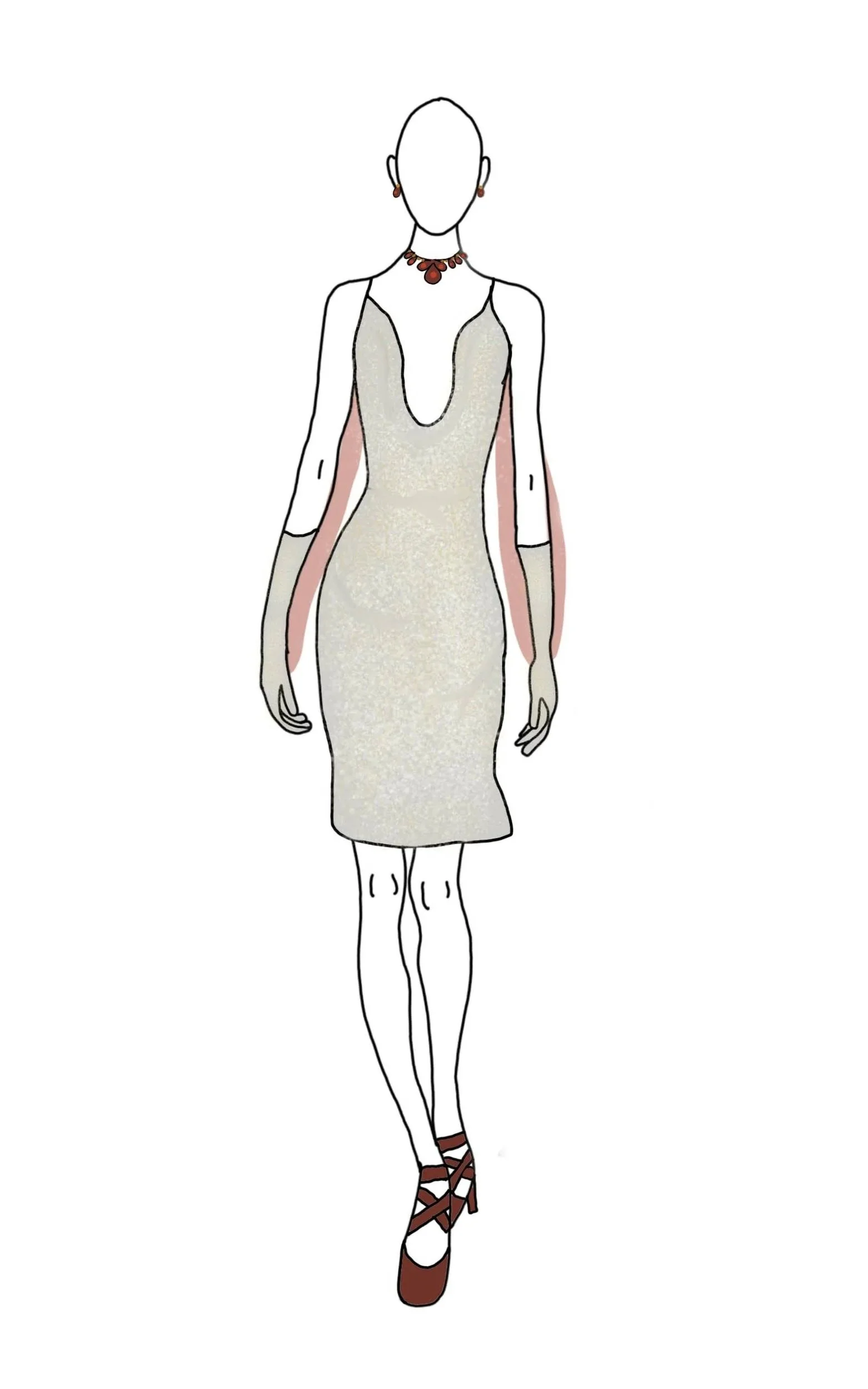 Dessin de femmes portant une robe longue blanche, des chaussures de danse et des bijoux rouges, avec pas de visage.