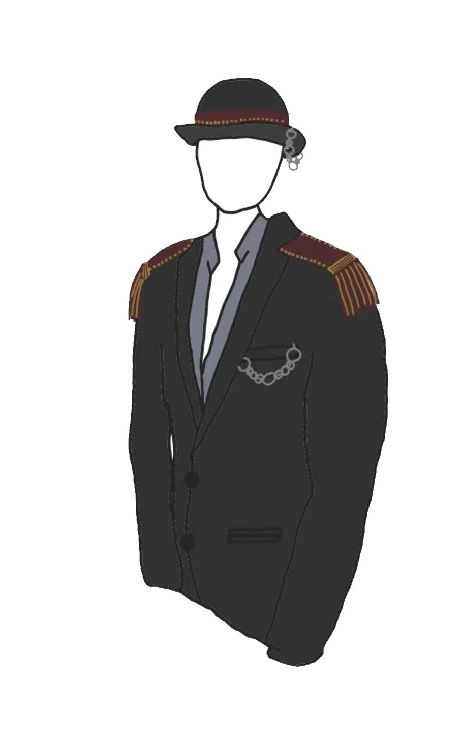 Illustration d'un uniforme avec une veste noire, des épaulettes rouillées, une chaîne de poche, un chapeau noir avec une bordure rouge et une boucle d'oreille