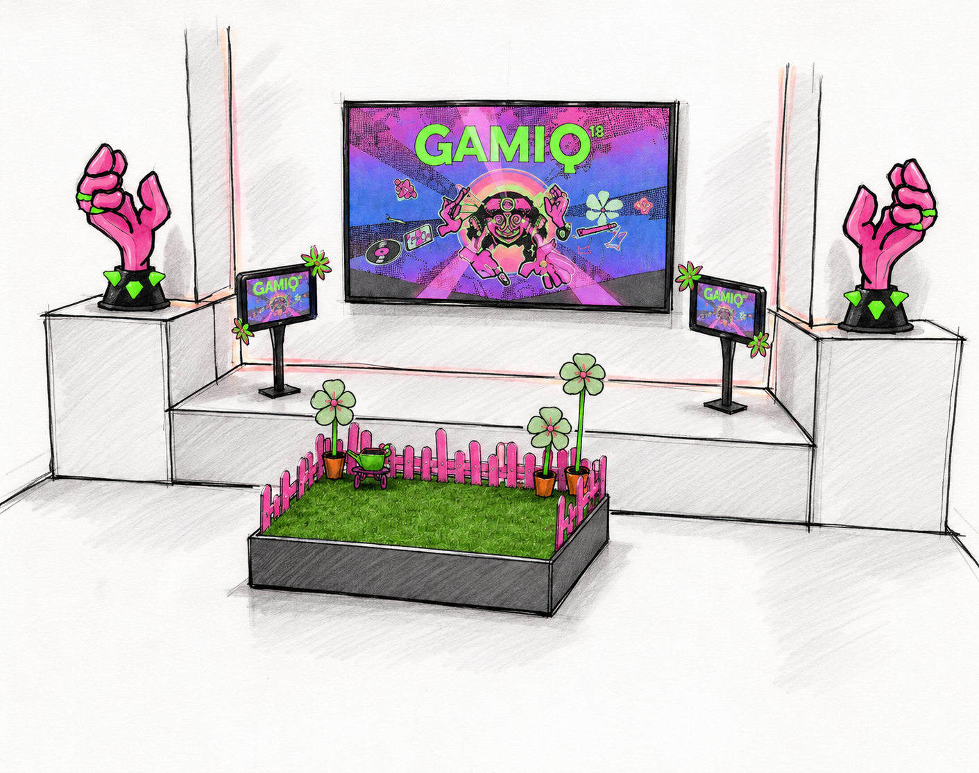 Une scène représentant une installation avec deux grandes mains décoratives, deux petits écrans affichant le mot 'GAMIQ', un grand écran avec une animation colorée et le texte 'GAMIQ', un espace avec une pelouse, des fleurs et une petite clôture rose