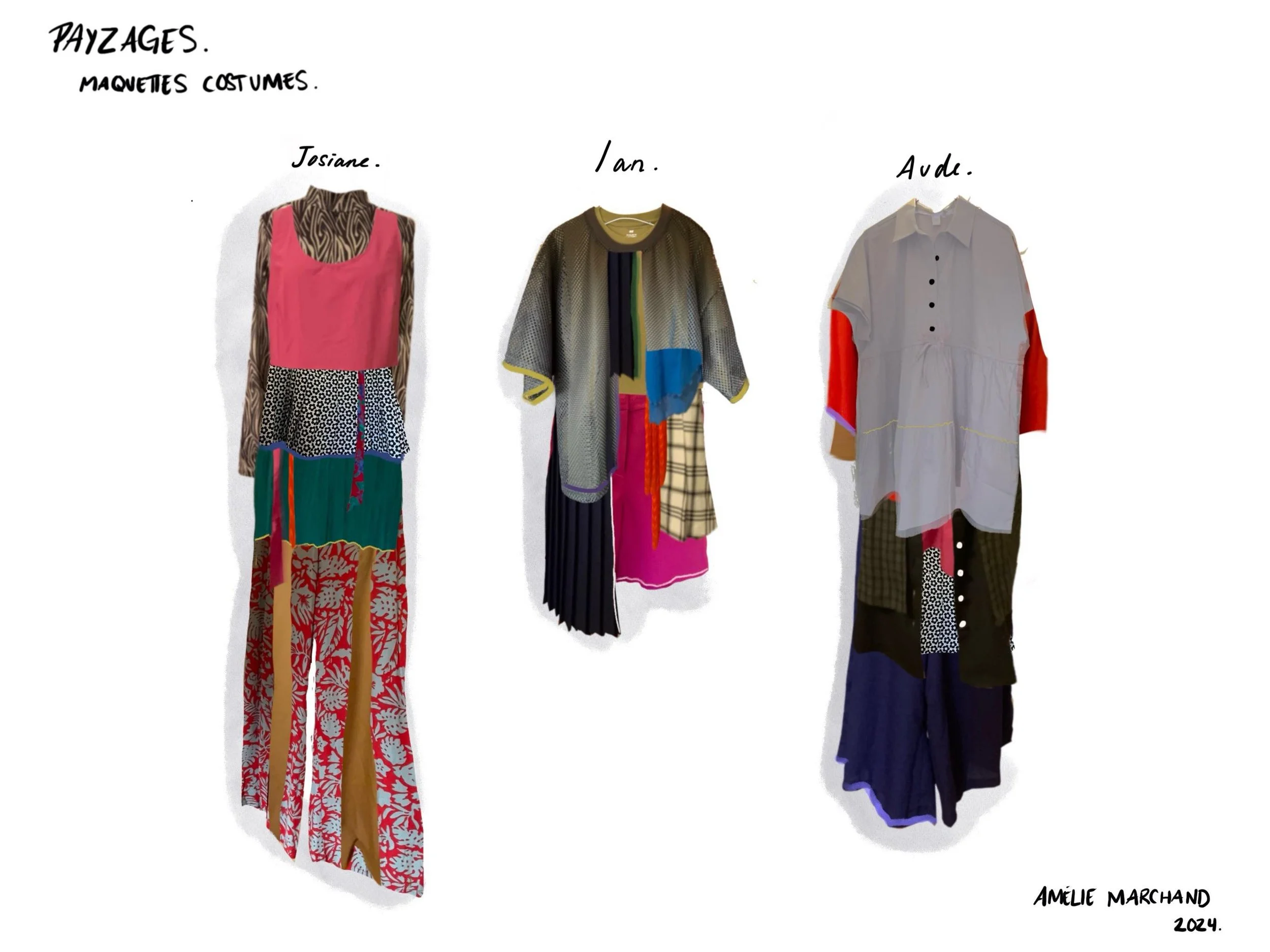 Une illustration montrant trois ensembles de vêtements, chacun associé à une personne : Josiane, Ian et Audé, représentant différents styles à travers des vêtements colorés et variés.