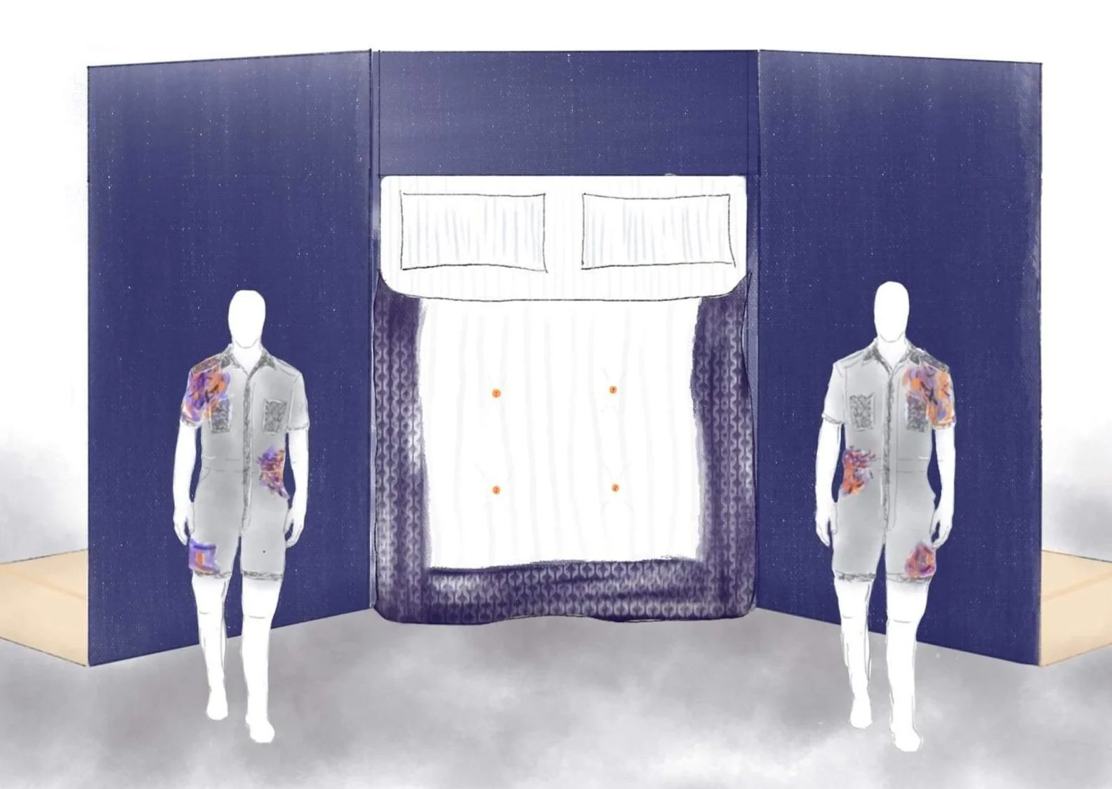 Une vitrine de magasin avec deux mannequins portant des vêtements à motifs floraux, encadrée par des panneaux bleus et une tenture à l'intérieur.