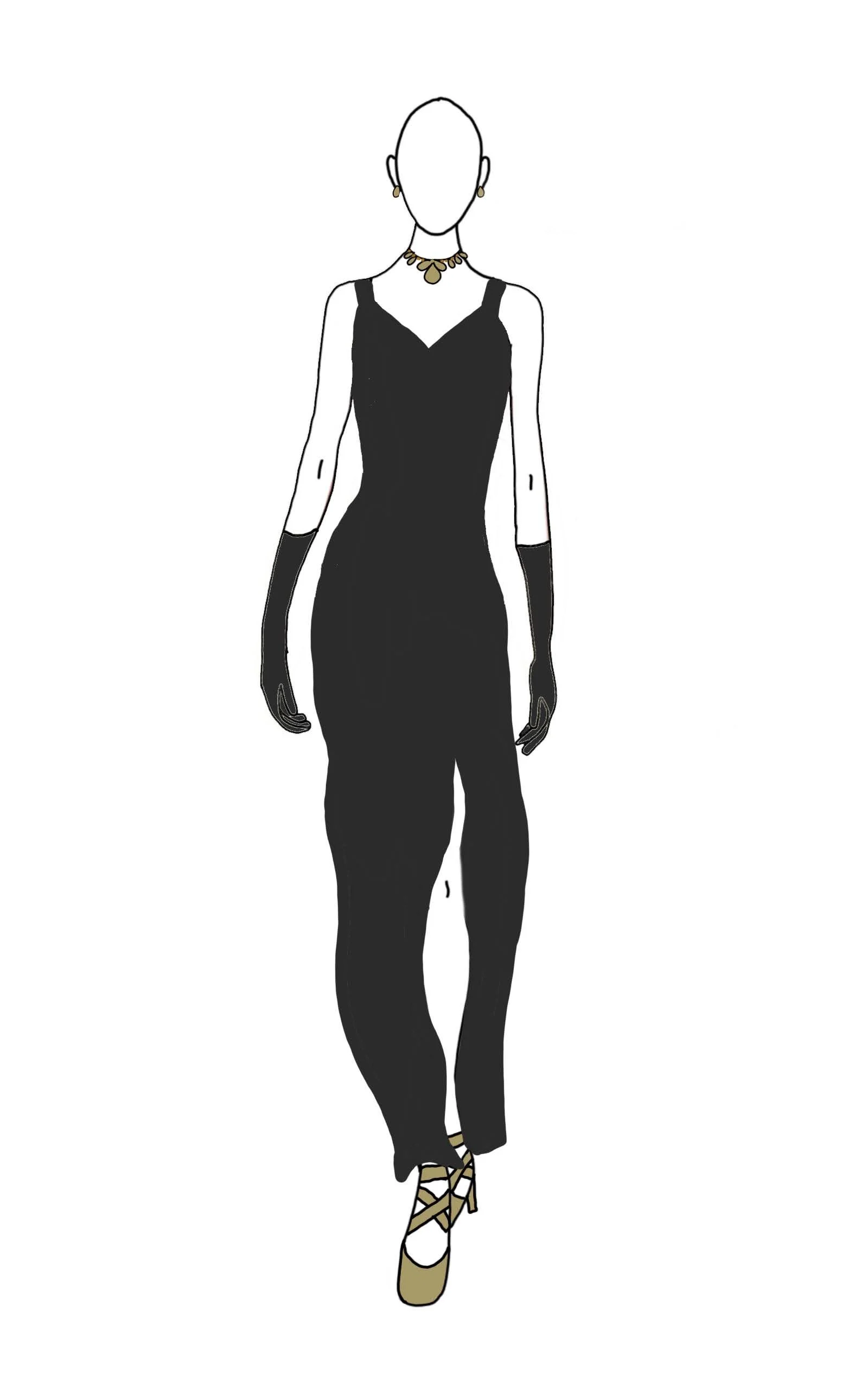 Illustration d'une femme portant une robe noire élégante, des gants longs, des chaussures à talons et des bijoux dorés, avec une tête sans visage.