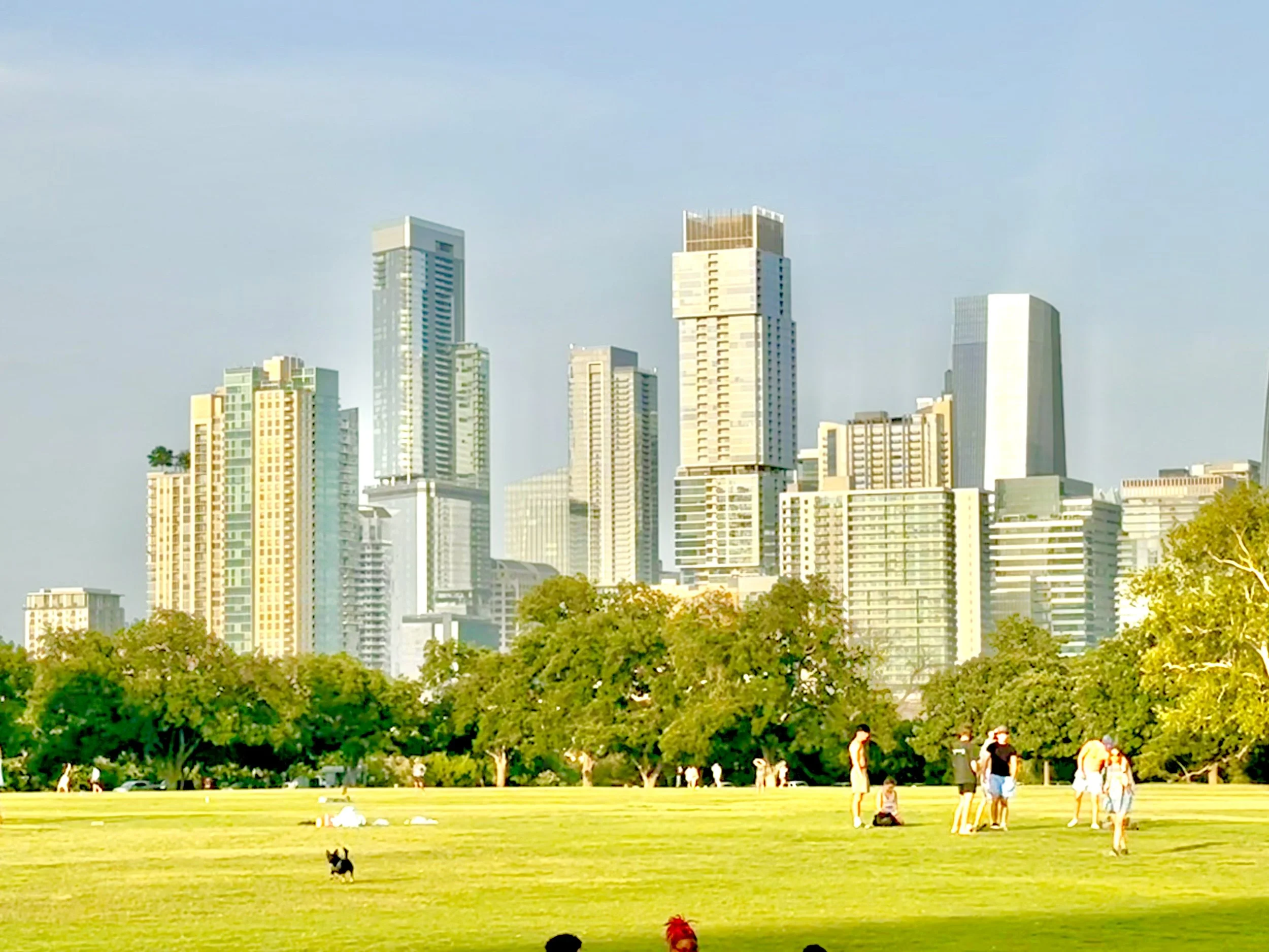 City skyline with tall modern skyscrapers against a clear blue sky, with a large park and green trees in the foreground where people are walking and sitting.