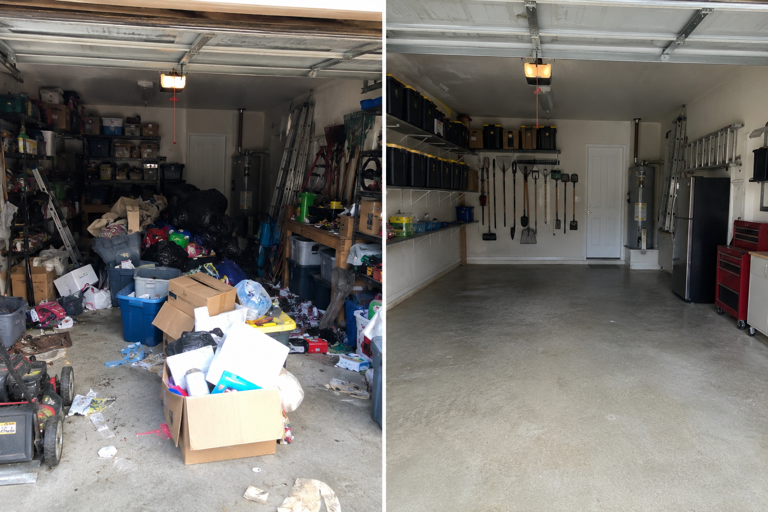 Comparison of a cluttered garage on the left and a clean, organized garage on the right.
