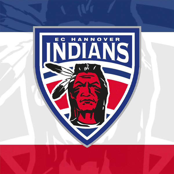 Wappen des Fußballvereins EC Hannover Indians mit einem Indianerkopf und Pfeilen, auf blau-weiß-rotem Hintergrund.