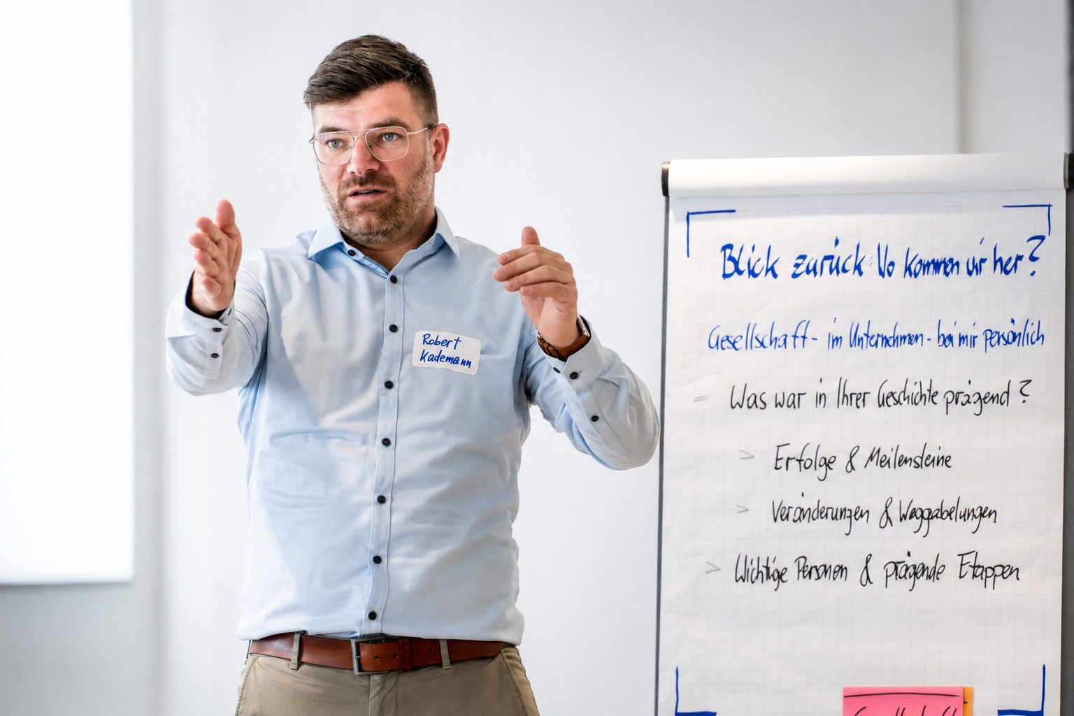 Mann trägt Brille und Hemd mit Namensschild 'Robert Kademann', erklärt vor Whiteboard mit handgeschriebenen Notizen. Das Notizenblatt enthält Fragen und Stichpunkte in deutscher Sprache.