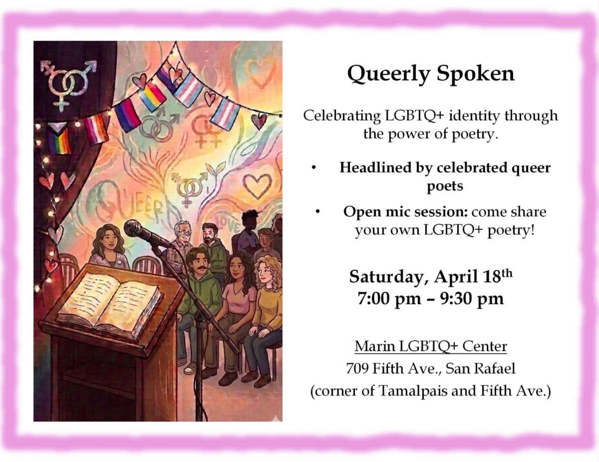 Illustration of an LGBTQ+ poetry reading event with people sitting and standing on a decorated stage, rainbow flags, and symbolic LGBTQ+ icons with a pink border surrounding the event details about Queerly Spoken poetry night at Marin LGBTQ+ Center on April 18th from 7 to 9:30 pm.