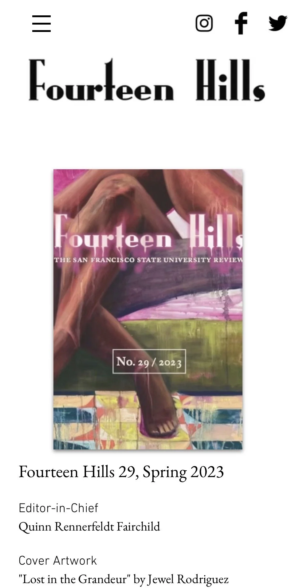 Cover of Fourteen Hills Spring 2023 magazine, featuring abstract artwork titled 'Lost in the Grandeur' by Jewel Rodriguez, with a background of a stylized figure leaning over a vessel, in pink and purple tones.