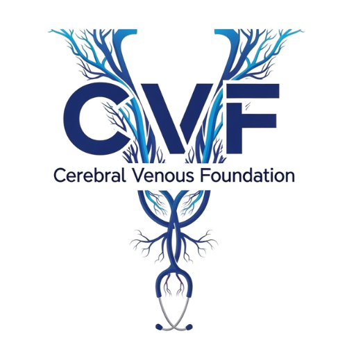 Logo of the Cerebral Venous Foundation featuring a stylized system of veins and a stethoscope with blue and purple colors and the acronym CVF.