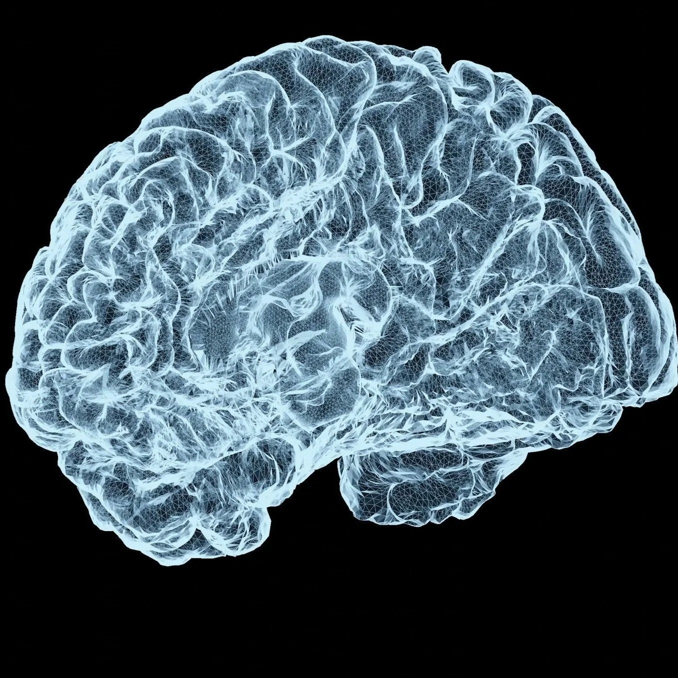 Digital rendering of a human brain made of interconnected glowing lines and nodes against a black background.