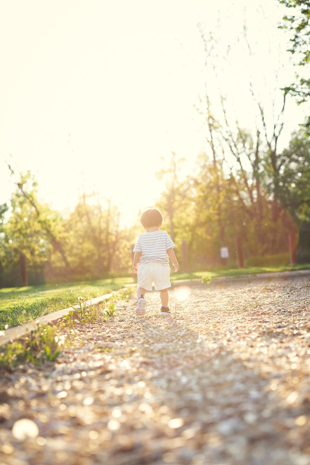 Child walking on a gravel path surrounded by trees during sunset.