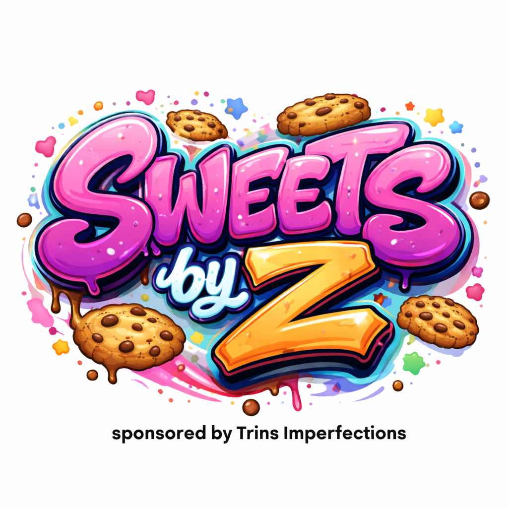Colorful logo with the words "Sweets by Z" in pink, purple, blue, and orange, surrounded by cookies and sprinkles, with a subtitle "sponsored by Trins Imperfections."