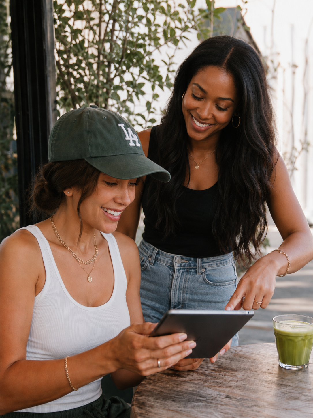 Two friends with healthy hair sharing FORM by GBY hair growth results on a tablet