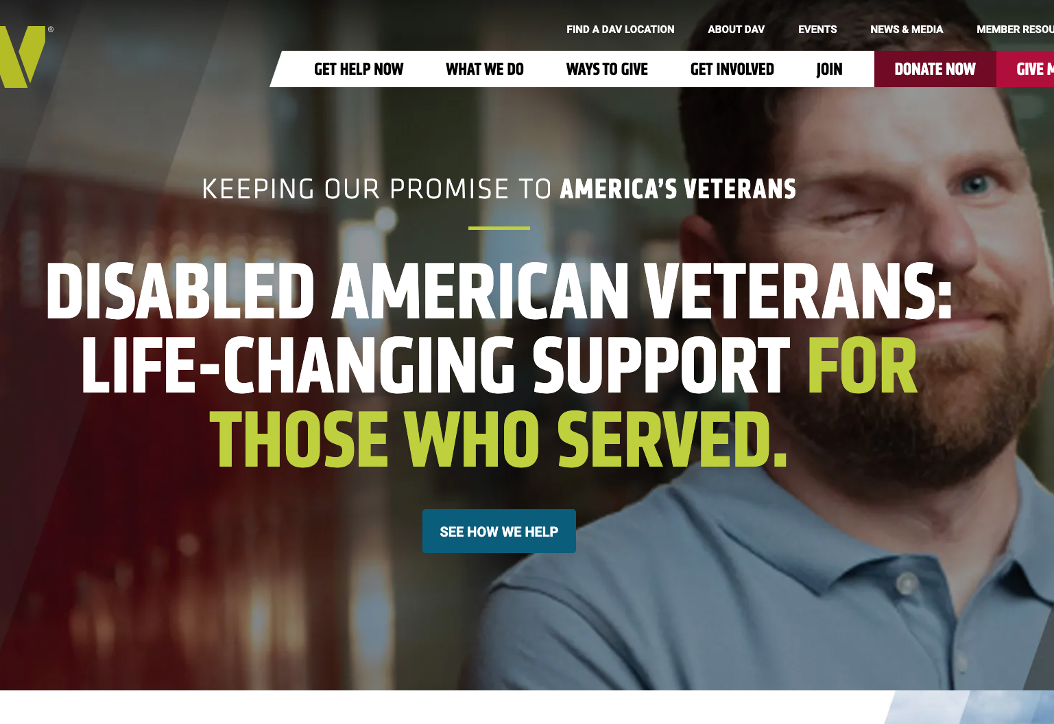 Website homepage with navigation menu links and a promotional message supporting disabled American veterans.