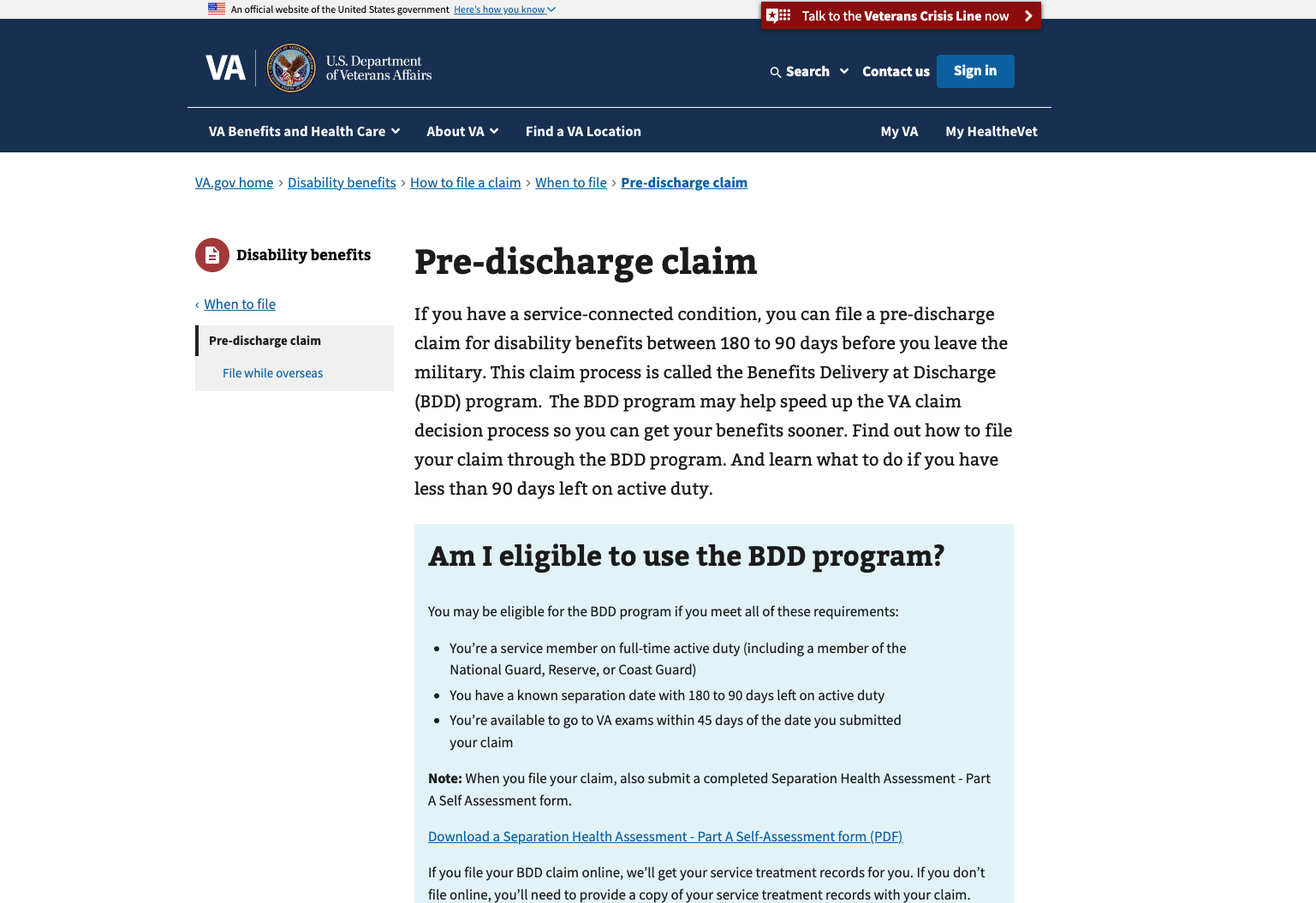 Screenshot of a U.S. Department of Veterans Affairs webpage titled 'Pre-discharge claim' with information about filing a pre-discharge claim for disability benefits, eligibility requirements, and instructions for submission, including a link to download a Separation Health Assessment form.