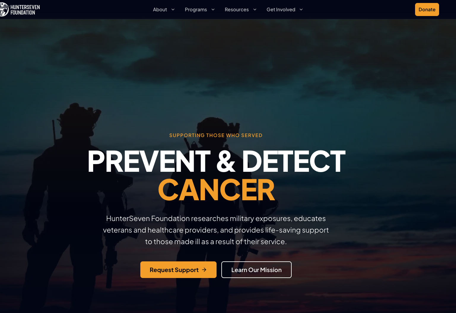 Silhouettes of two soldiers holding rifles against a sunset sky with dark clouds, front page of HunterSeven Foundation website displaying bold text about preventing & detecting cancer
