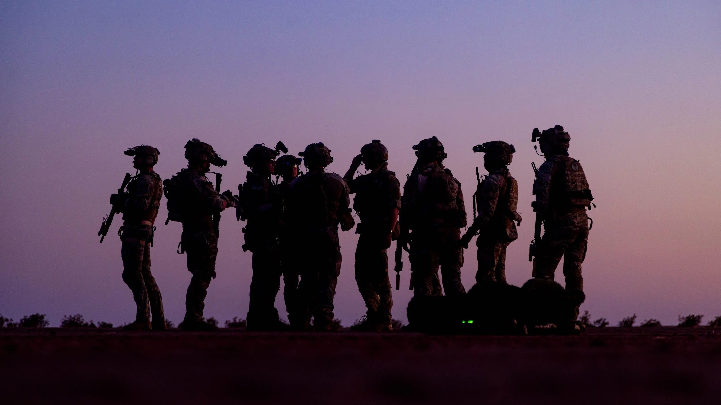 Silhouettes of Pararescuemen standing in a line against a twilight sky.