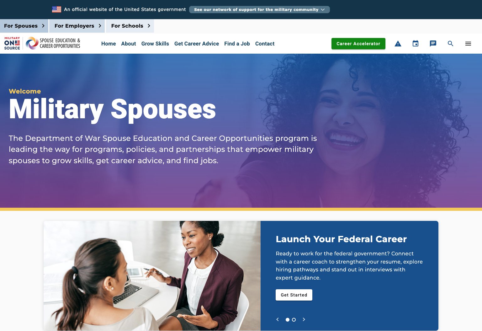 Webpage titled 'Military Spouses' on the Department of War Spouse Education and Career Opportunities program website, showing a smiling woman with curly hair at the top and a photo of two women in a discussion below, with a blue section titled 'Launch Your Federal Career'.