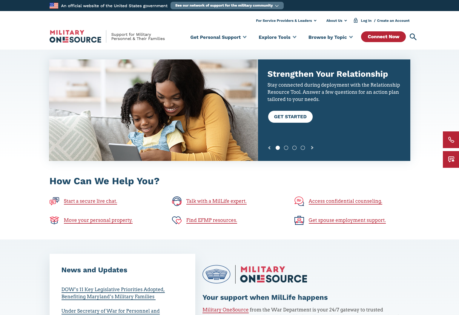Screenshot of the Military OneSource website homepage featuring support resources for military personnel and families, with a main banner showing a mother and child using a tablet, and sections for live chat, counseling, and employment support.