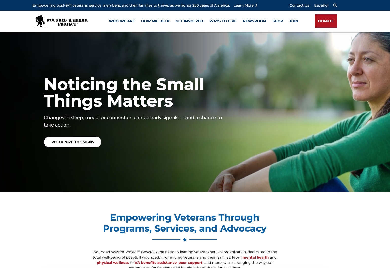Website homepage of Wounded Warrior Project featuring a woman outdoors, with text about noticing small things that matter and supporting veterans.