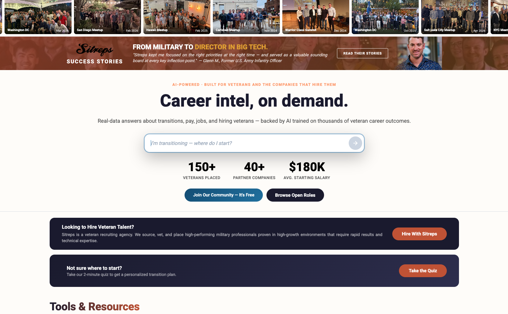 A website homepage for a veteran recruiting agency called Sitreps, highlighting career transition resources and data about veteran placement, with buttons for community joining and open roles, and dark and light themed sections.
